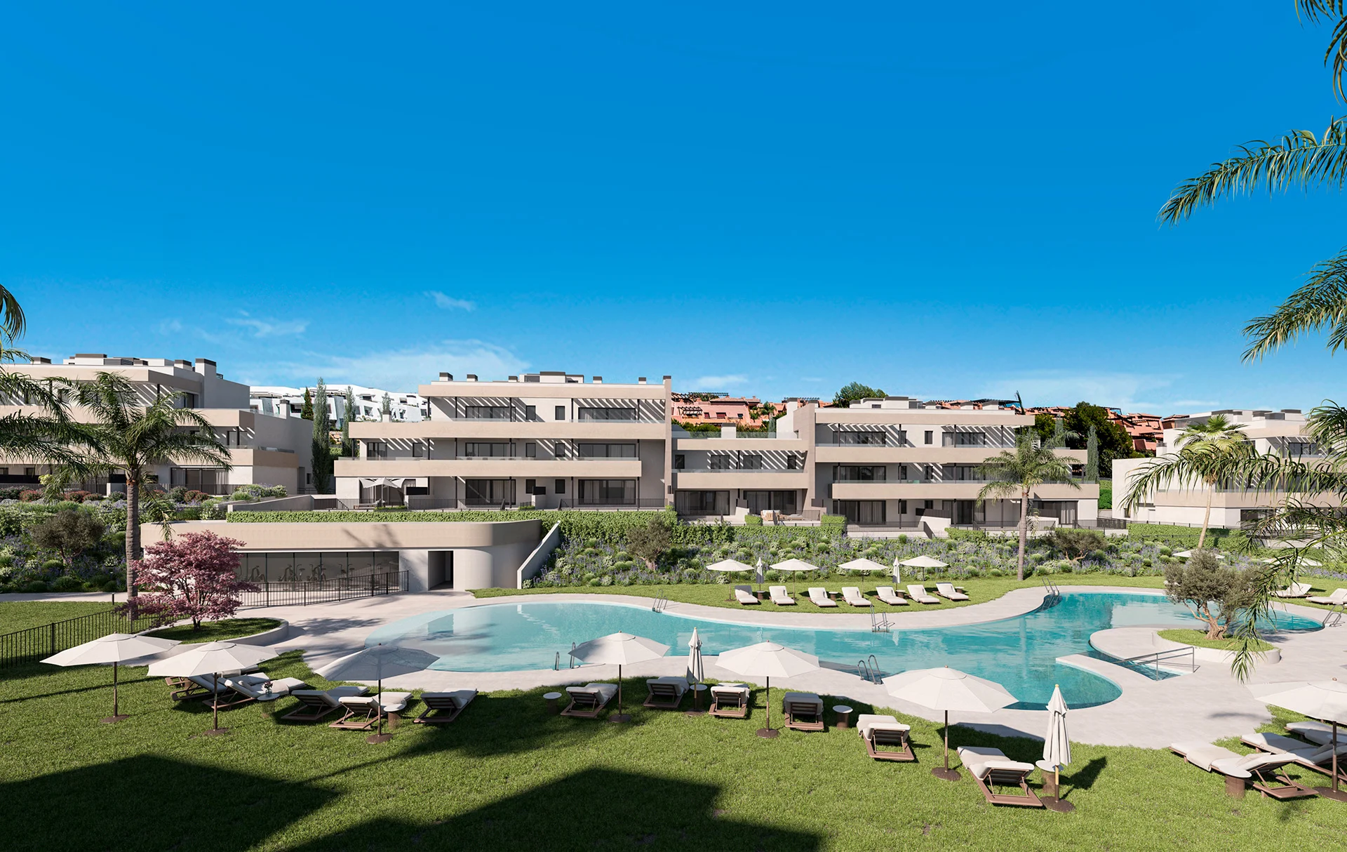 Rendering of low-rise beige apartment blocks around a free-form pool with white parasols and lounge chairs set on a lawn with palm trees – Bliss Homes, a 4-bedroom apartment in Casares Costa Golf, Casares, Málaga, Costa del Sol