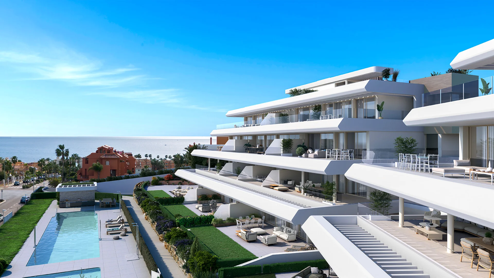 Rendering of a modern white apartment building with cantilevered terraces furnished with outdoor seating, a pool below and sea views along the coast – Absolute Estepona, a 3-bedroom apartment in Estepona, Málaga, Costa del Sol