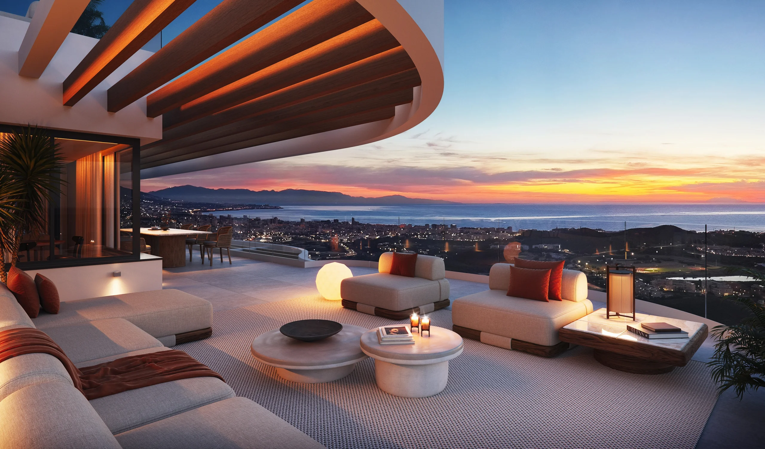 Rendering of a rooftop terrace lounge with a wood-slatted pergola, sectional sofas and round stone tables overlooking the coastline and sea at dusk – 360º By Cordia, a 4-bedroom apartment in Arrabal Sector 23, Cerrado del Águila, 29649, Mijas Costa, Málaga