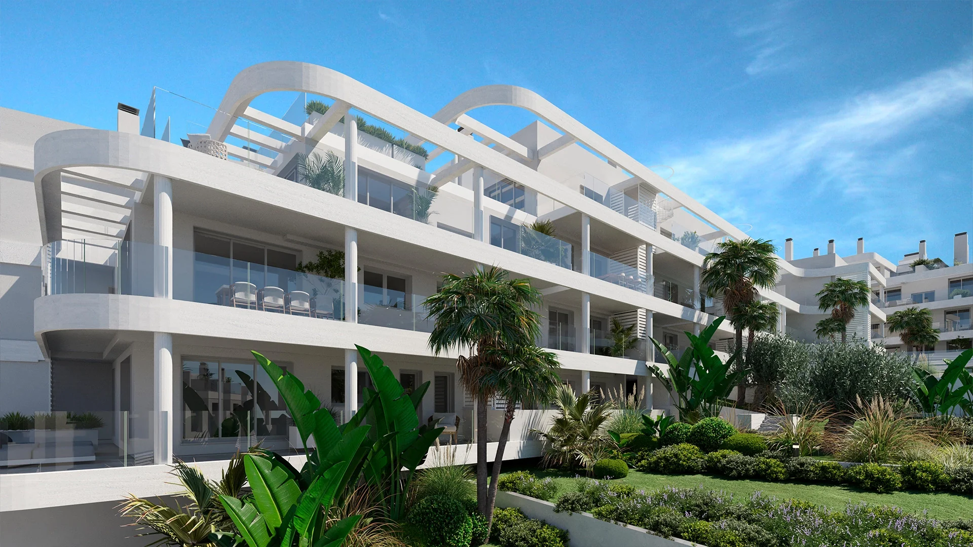 Rendering of a white apartment building with a curved arched roofline, ground-floor terraces framed by palm trees and lush landscaping – Anna De Estepona, a 4-bedroom apartment in Av. San Eusebio S/N, 29651, Estepona, Málaga