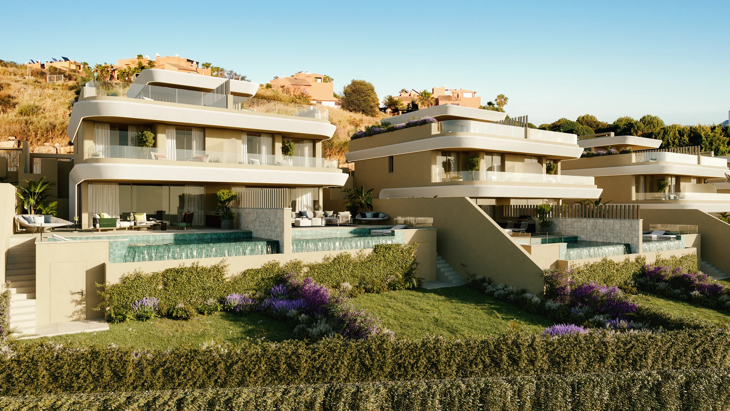 Rendering of curved beige hillside villas with infinity-edge pools cascading over stone walls and terraces framed by purple flowering hedges – Beyond Homes, a 3-bedroom apartment in Seghers, Estepona, Málaga