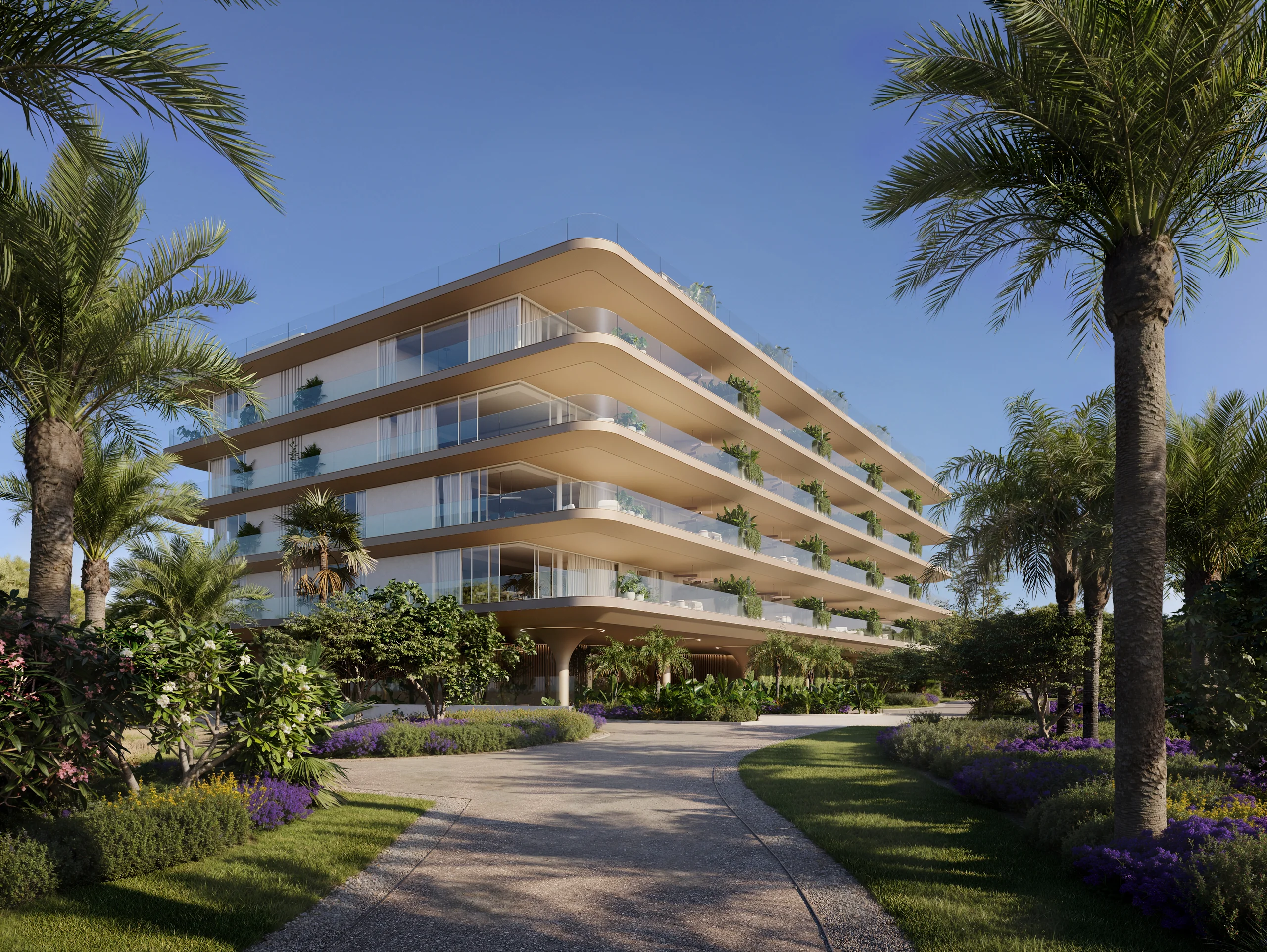 Rendering of a curved apartment building with rounded tan balcony edges and planted railings, framed by tall palm trees along the entrance drive – Nacare, a 4-bedroom apartment in Puerto Deportivo, Estepona, Málaga