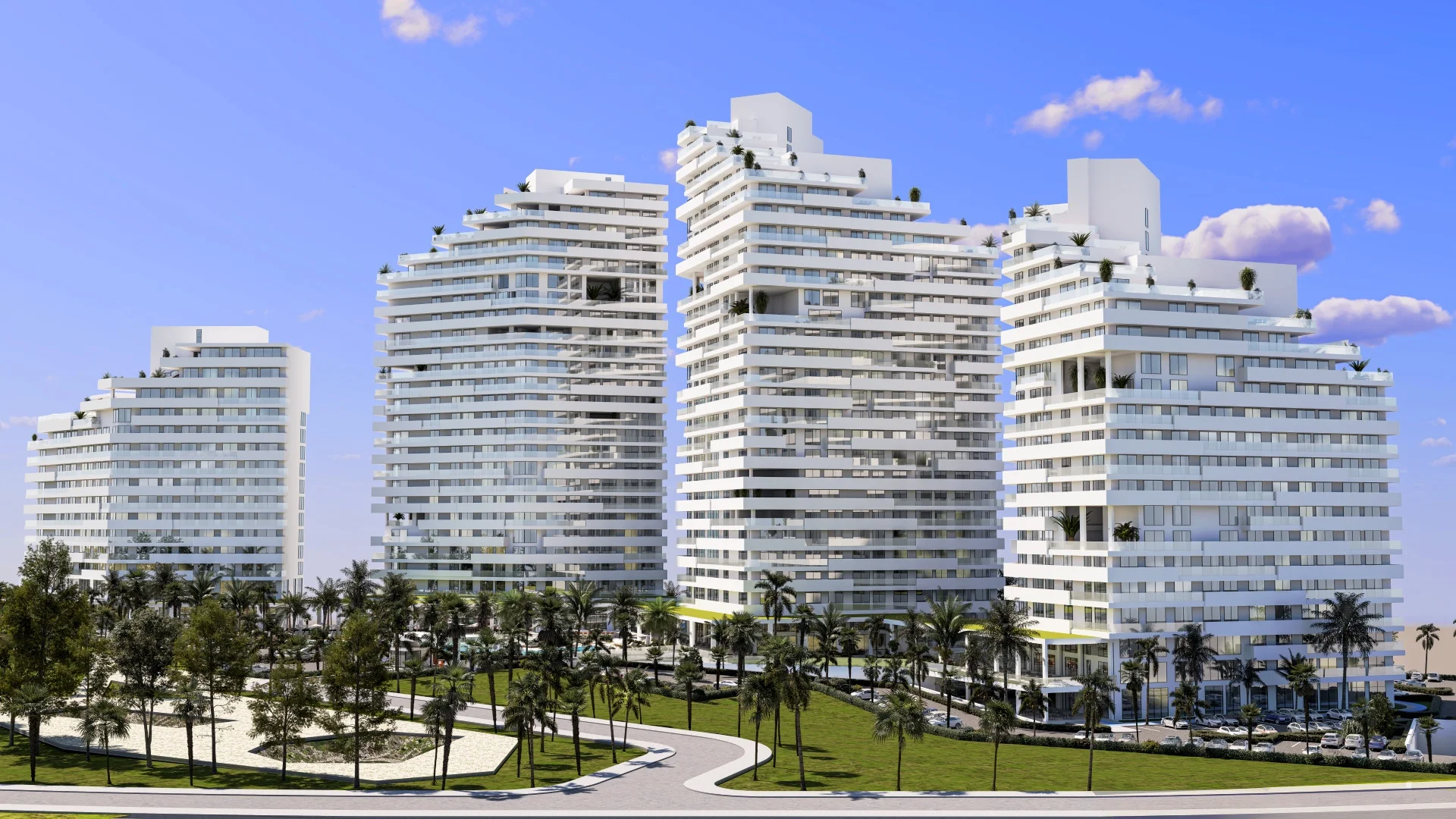 Rendering of four high-rise white residential towers with tiered balconies above a landscaped park with palm-lined paths and parking – Querencia, an apartment