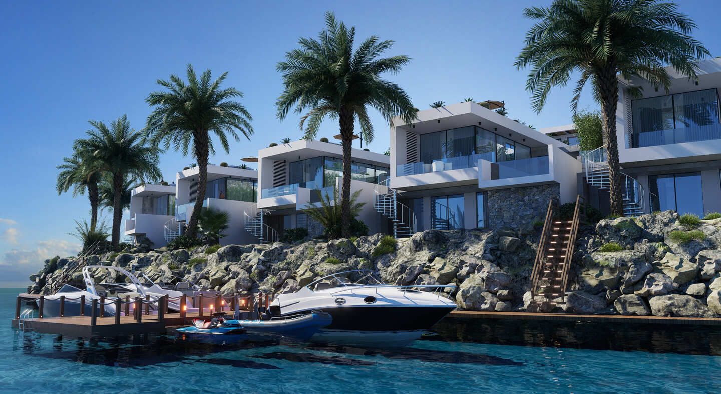 Rendering of white waterfront villas on a rocky shoreline with spiral staircases and glass balconies above a private jetty with moored motorboats and palms – Natulux, a villa