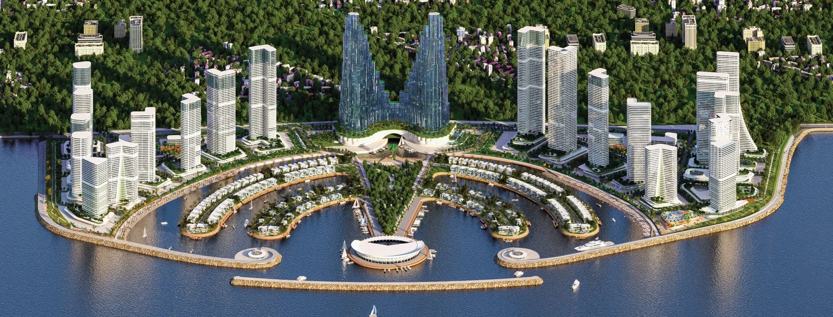 Aerial rendering of a fan-shaped man-made island with high-rise towers, twin curved glass skyscrapers, and a marina lined with white villas and a stadium – Ambassadori Island Batumi, an apartment in Ambassadori Island, Batumi, Georgia