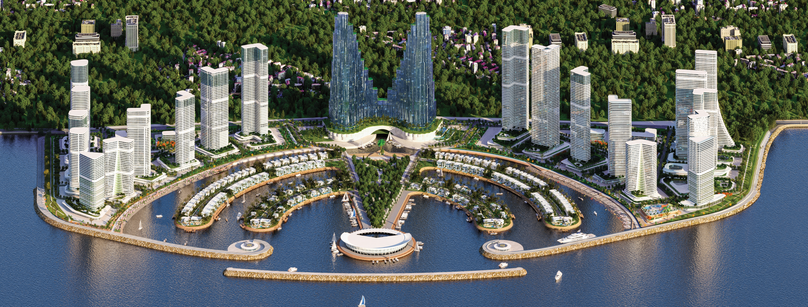 Aerial rendering of a fan-shaped man-made island with high-rise towers, twin curved glass skyscrapers, and a marina lined with white villas and a stadium – Ambassadori Island Batumi, an apartment in Ambassadori Island, Batumi, Georgia