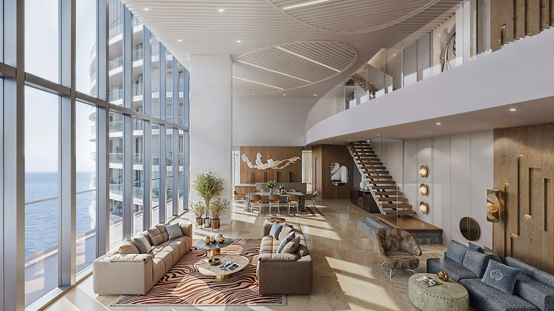 Double-height open-plan living room with floor-to-ceiling sea-view windows, mezzanine staircase and marble flooring – Limassol Blu Marine Cavalli Tower Penthouse, a 6-bedroom penthouse in Limassol Blu Marine, Limassol, Cyprus