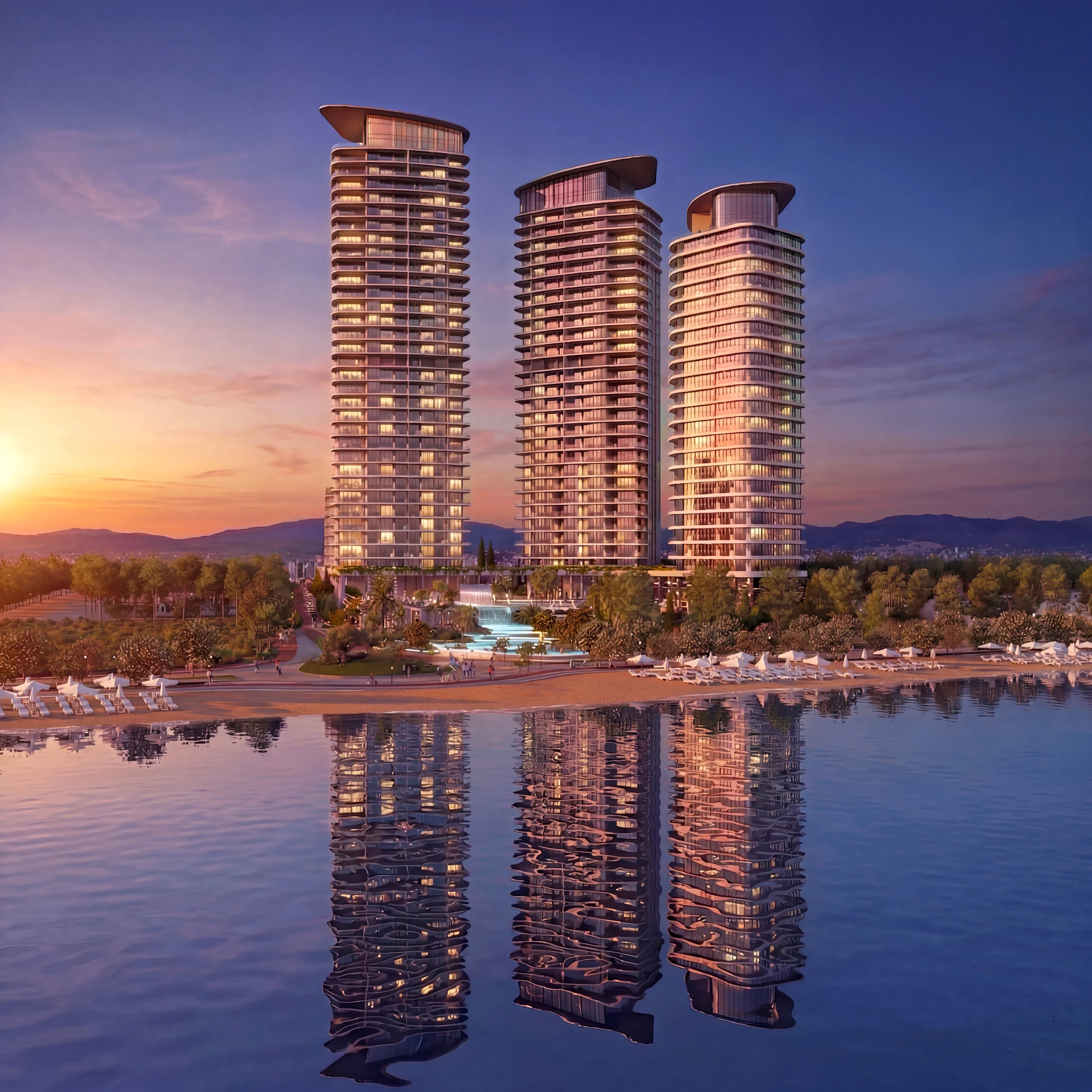 Three curved high-rise towers reflected in the sea at sunset, with a beachfront pool deck and sunloungers at the base – Limassol Blue Marine, apartment