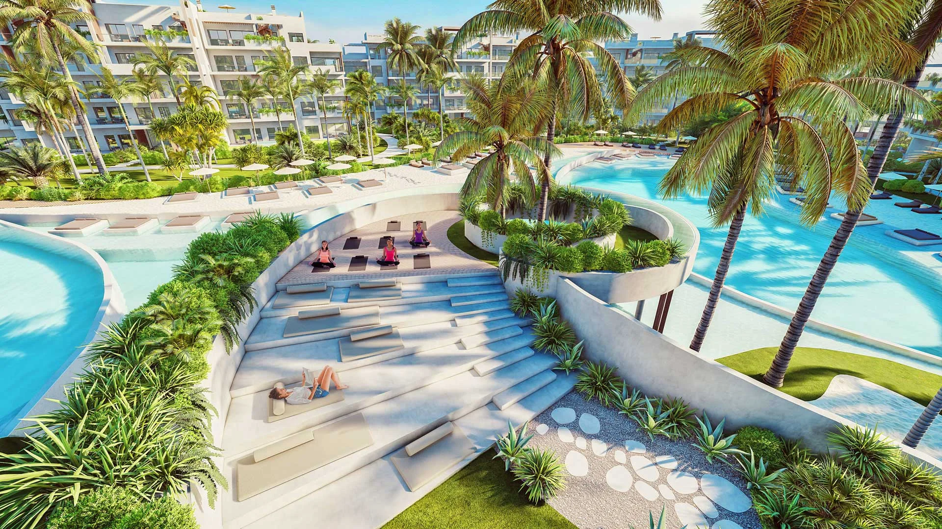 Rendering of a resort-style lagoon pool complex with palm trees, a tiered sundeck and low-rise apartment buildings beyond – The Seed, a 3-bedroom apartment in Punta Cana, Dominican Republic