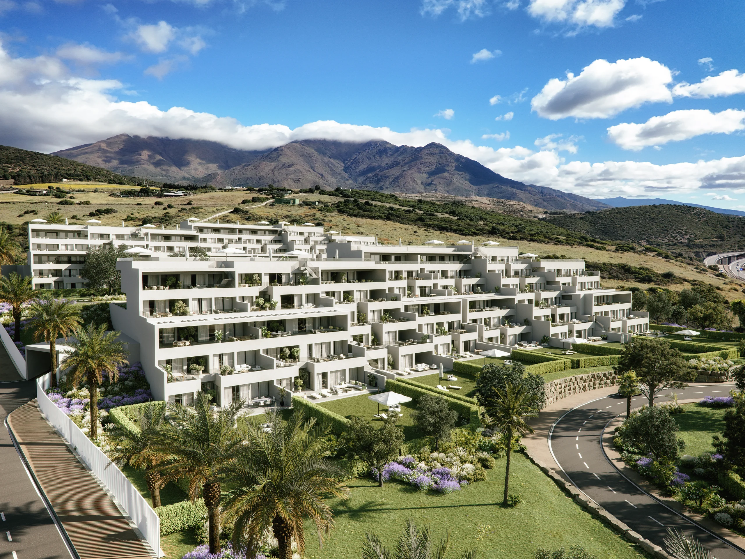Rendering of terraced white low-rise apartment buildings on a hillside with mountains and palm-lined grounds in the background – The Place By Alcazaba, a 2-bedroom apartment in La Alcazaba Nº312, Cortijo El Beneficiado, Estepona