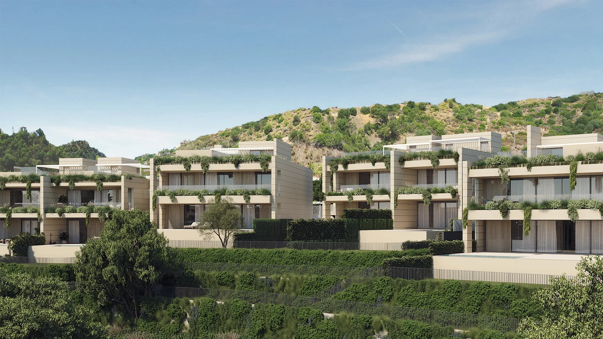 Rendering of a stepped beige apartment complex with planted balcony terraces set against a green hillside – Sira Homes, a 3-bedroom apartment in Elviria, Marbella, Málaga, Costa del Sol