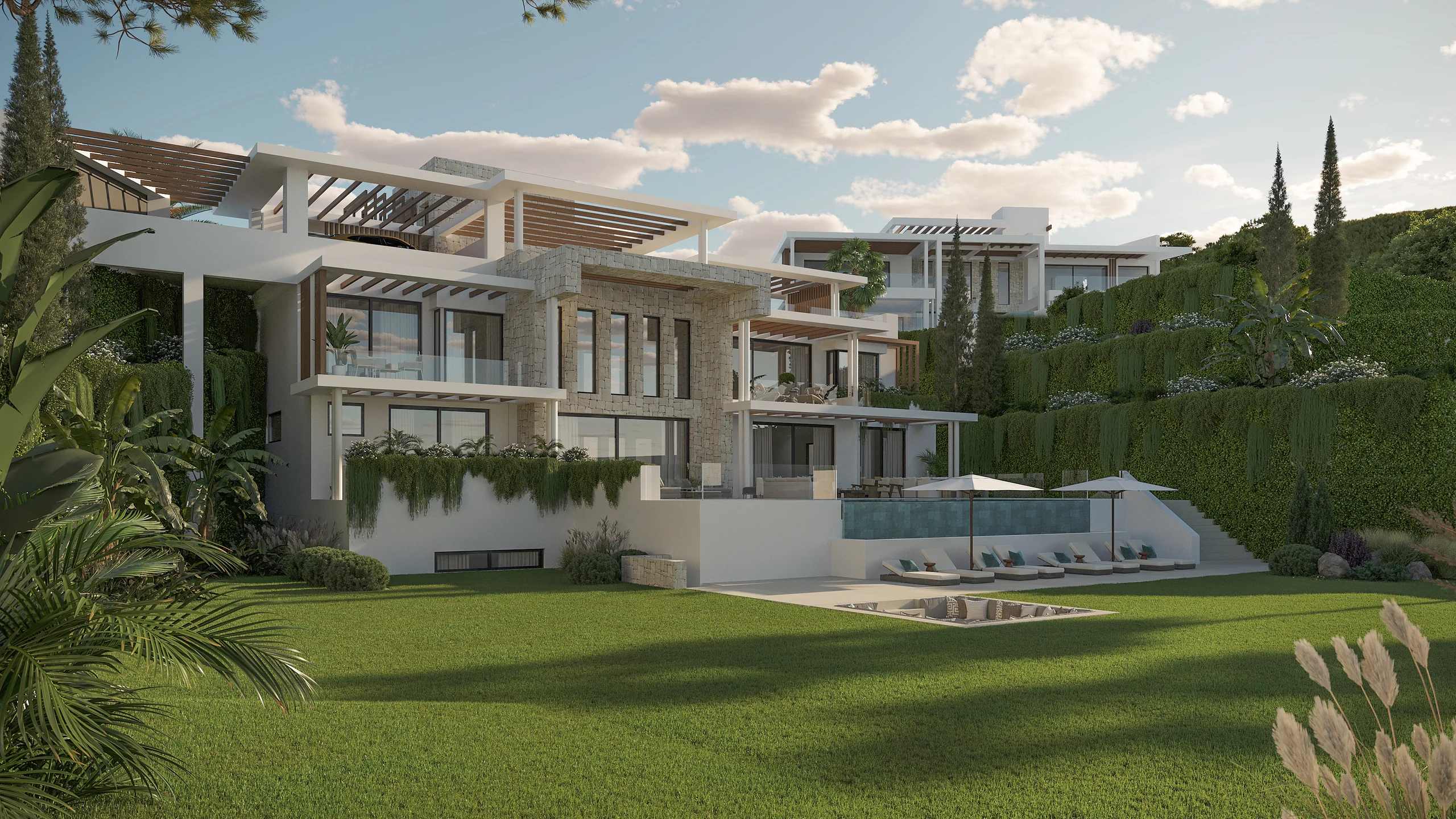 Multi-level villa rendering with stone cladding and timber pergolas terraced into a hillside, infinity pool and a sunken lounge on the lawn – Ocyan Villas, a 3-bedroom villa in Resinera Voladilla, 29680 Estepona, Málaga