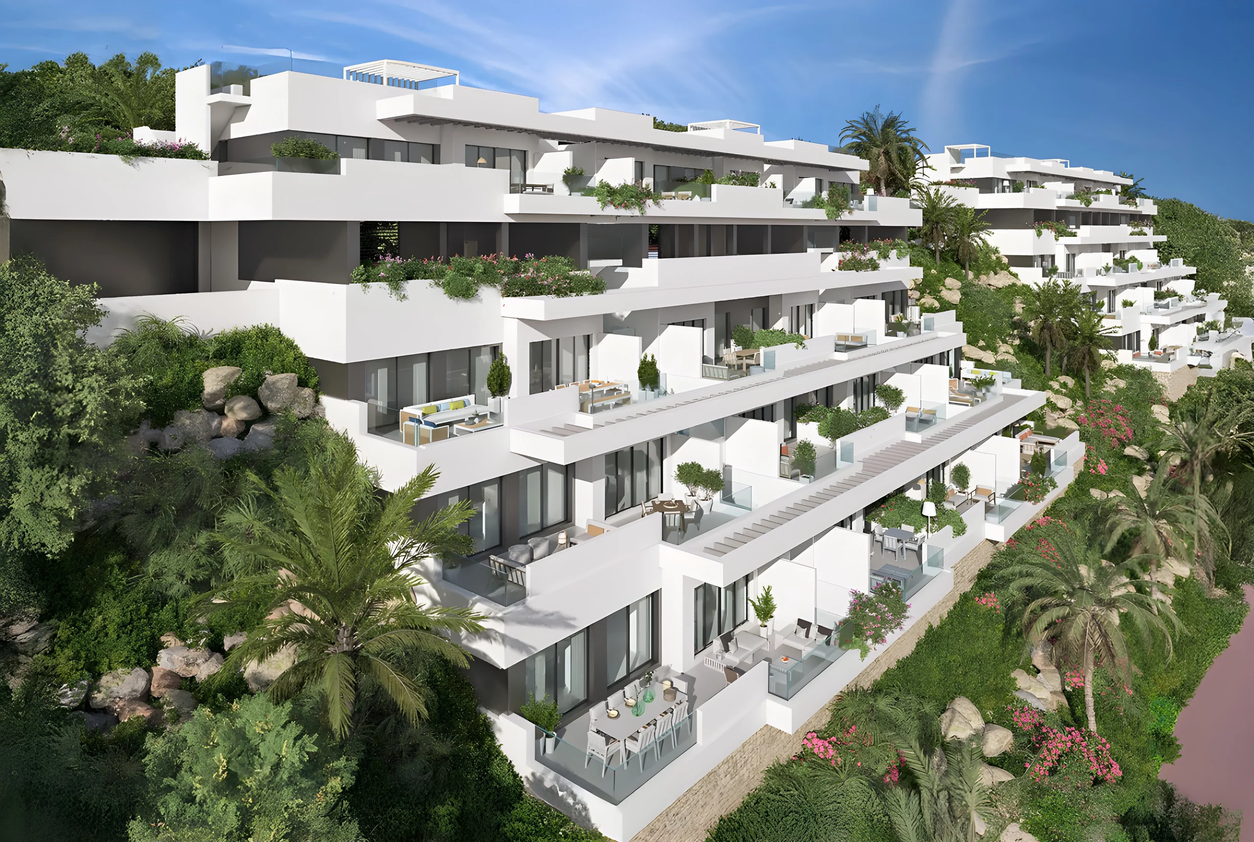 Rendering of a terraced white apartment building with furnished balconies stepped down a green hillside – Navigolf Suites 2, a 2-bedroom apartment in C. Mar de Alborán, 29649, La Cala de Mijas, Málaga