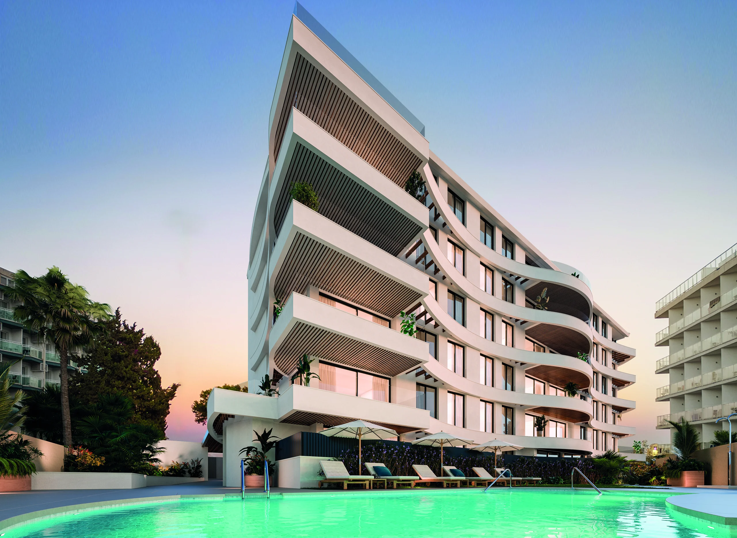 Rendering of a curved apartment building with timber-slat balconies at dusk above a poolside terrace with umbrellas and sunloungers – Marina Golden Bay, a 3-bedroom apartment in Puerto Marina, Benalmadena, Málaga