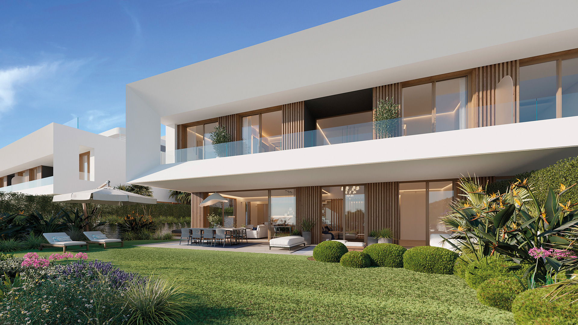 Rendering of a modern villa with timber slat screening and a glass balcony above a landscaped terrace with dining table and loungers – Lyra Residences, a 4-bedroom villa in Puerto Banús, Marbella, Málaga, Costa del Sol
