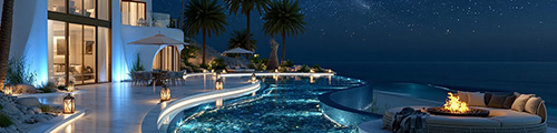 Curved infinity pool with a fire-pit lounge beside a modern villa at night, palm trees under a starry sky – Dubai