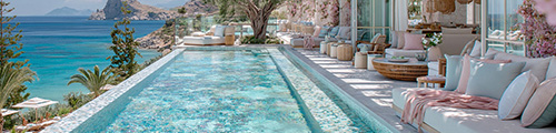 Long infinity pool along a cliffside terrace with lounge seating overlooking the Mediterranean coastline – France