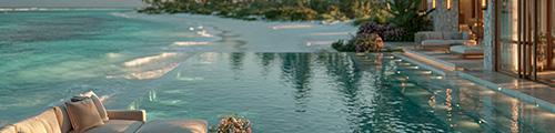 Beachfront infinity pool blending into the ocean, with a lounge sofa and tropical landscaping at golden hour – Dominican Republic