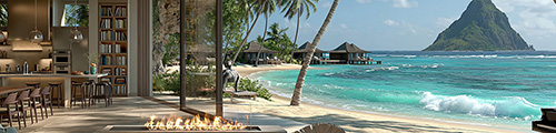 Open-air villa living area with a view across a tropical beach to overwater bungalows and a mountain peak – Indonesia