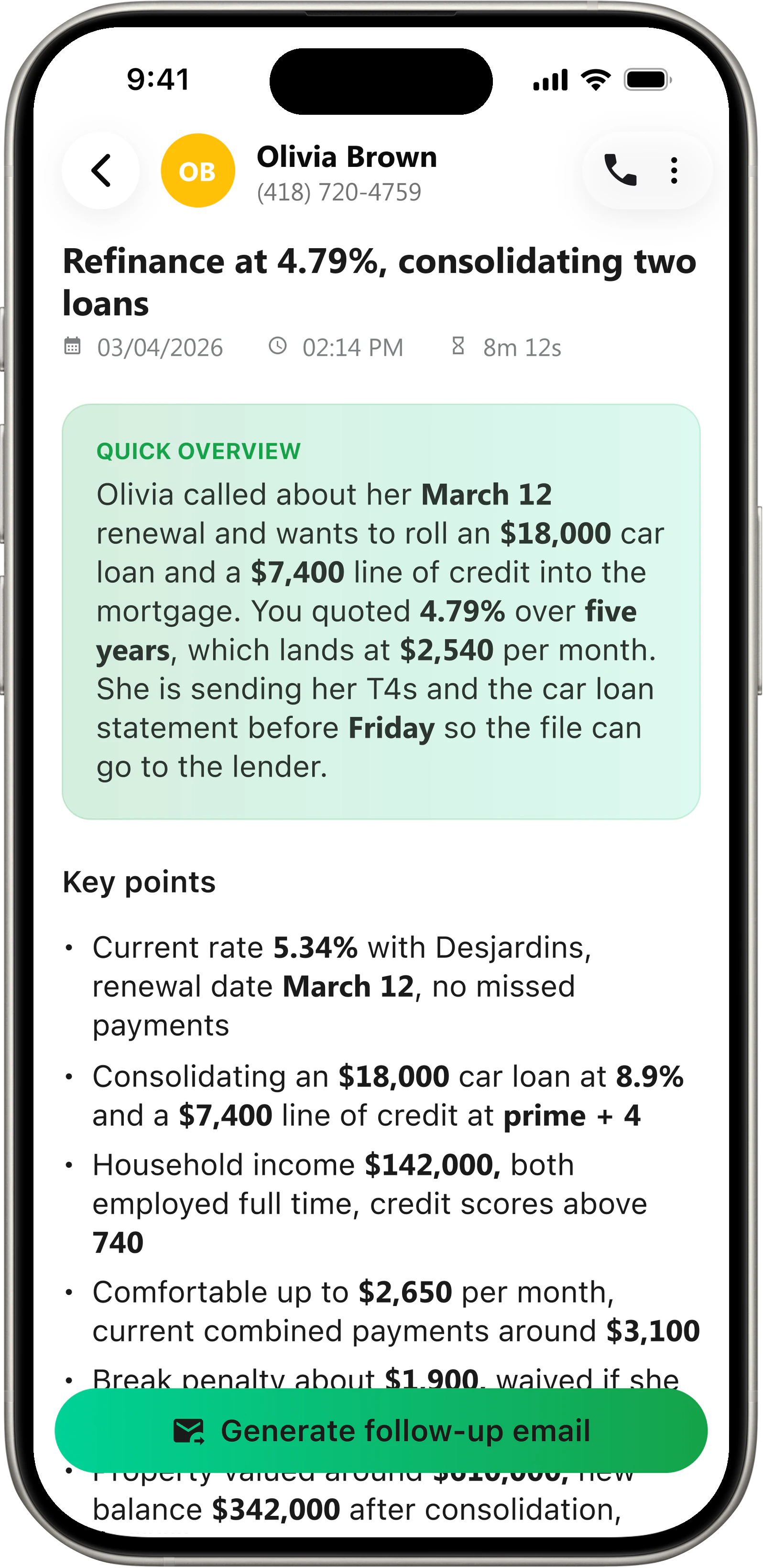 VoxNote call summary for mortgage brokers, English, in an iPhone frame