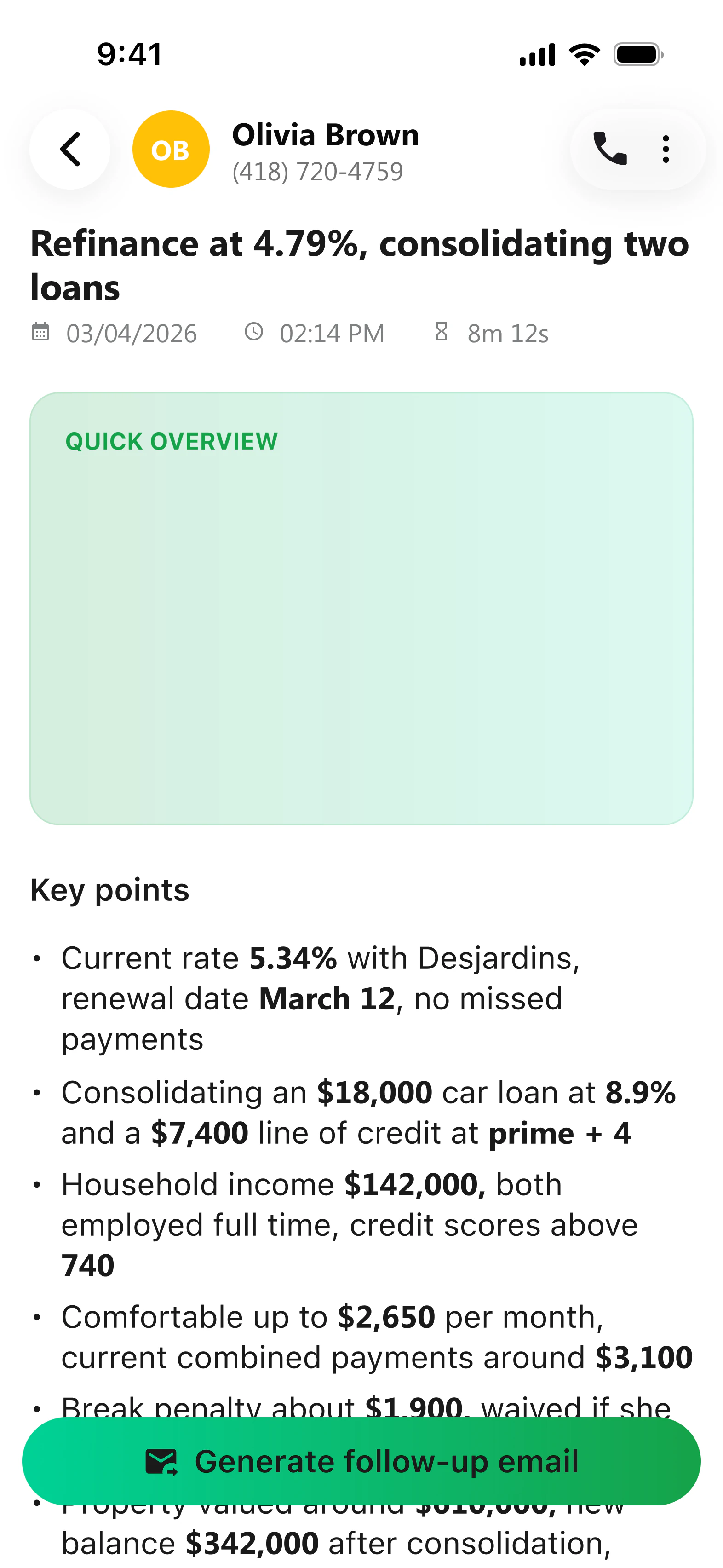 VoxNote call summary screen