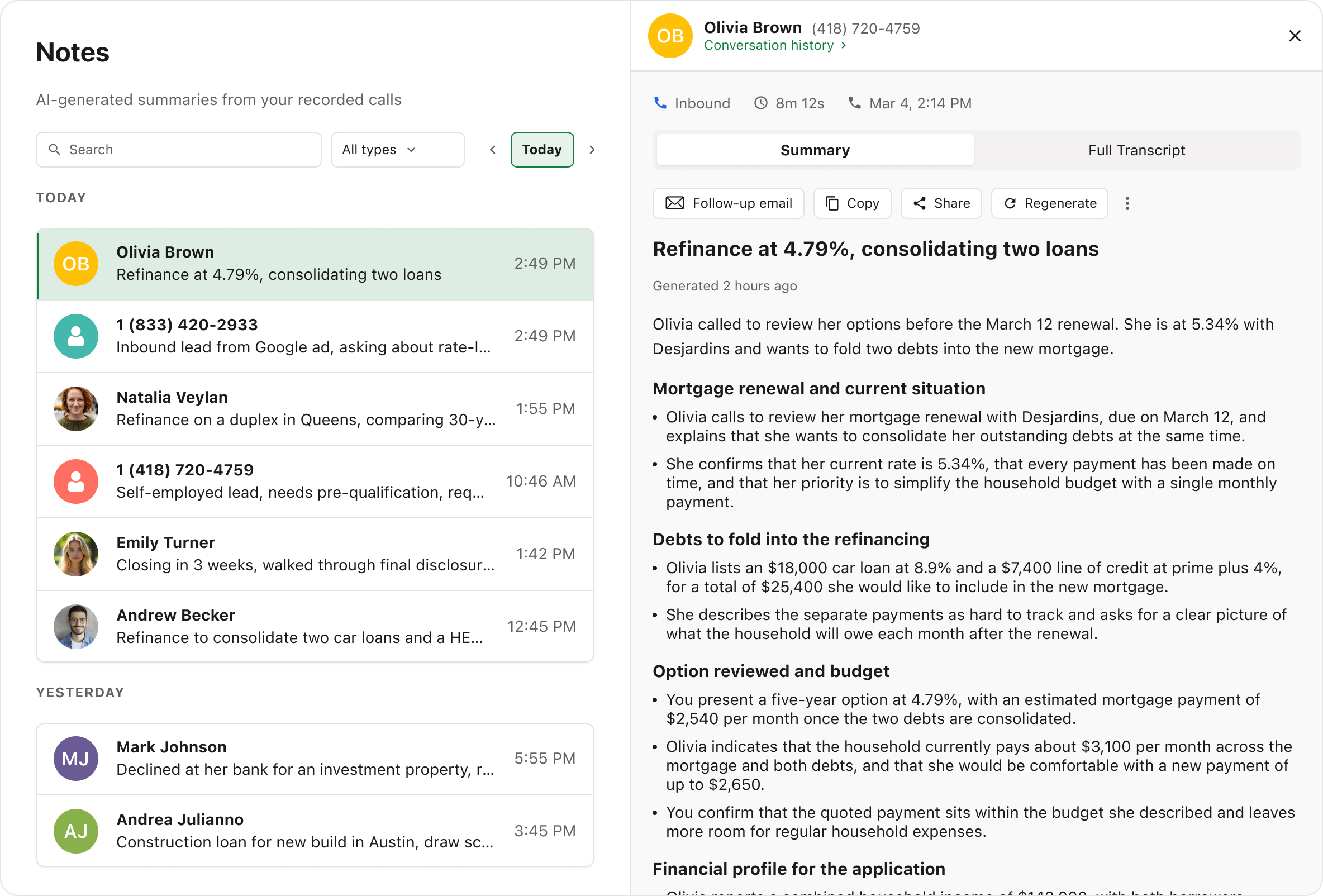 VoxNote web app: call summary, full transcript and follow-up email