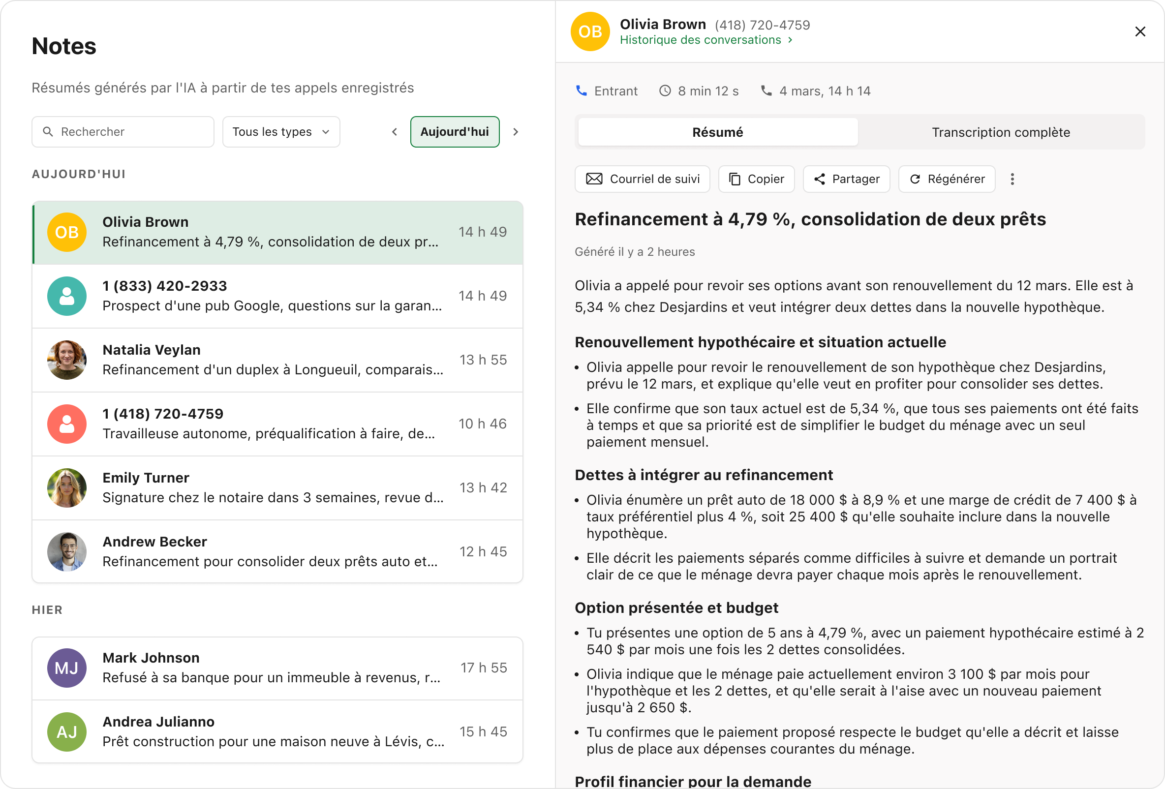 VoxNote web app: call summary, full transcript and follow-up email