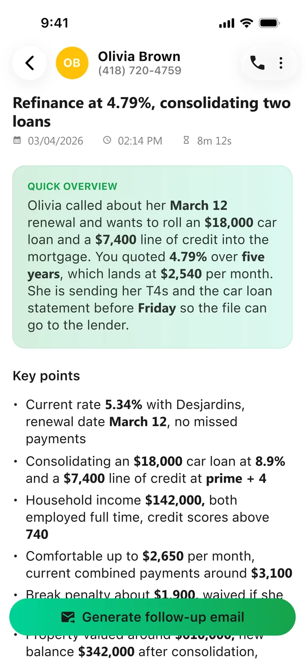 VoxNote call summary screen