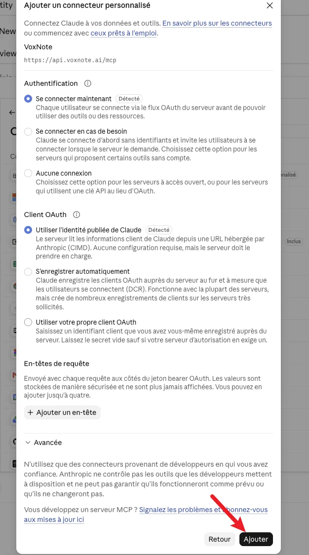 Claude custom connector options left at their defaults, with the Add button highlighted