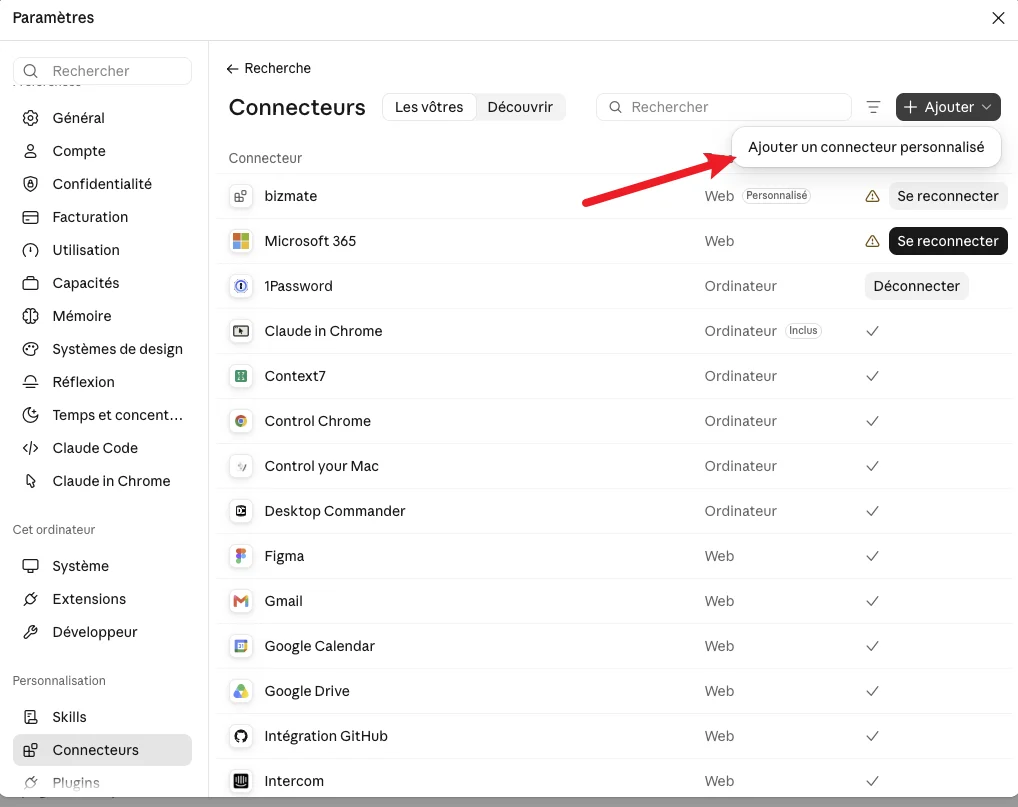 Claude Connectors settings with the Add menu open and Add custom connector highlighted