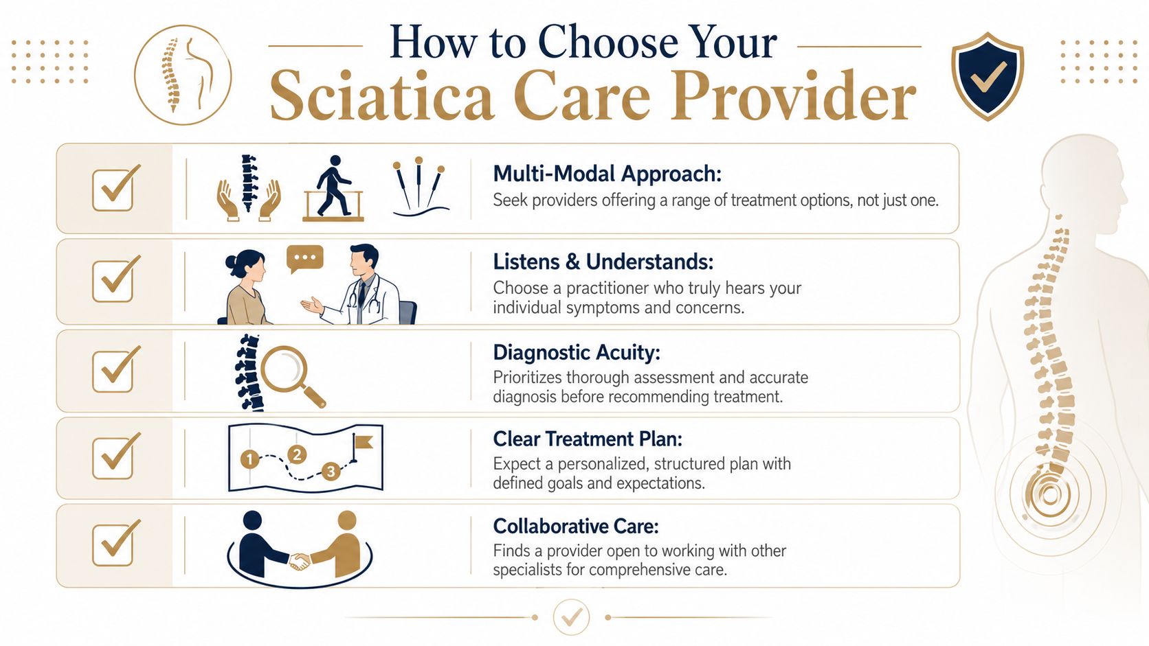 An infographic titled How to Choose Your Sciatica Care Provider outlining five key criteria for selecting medical experts.