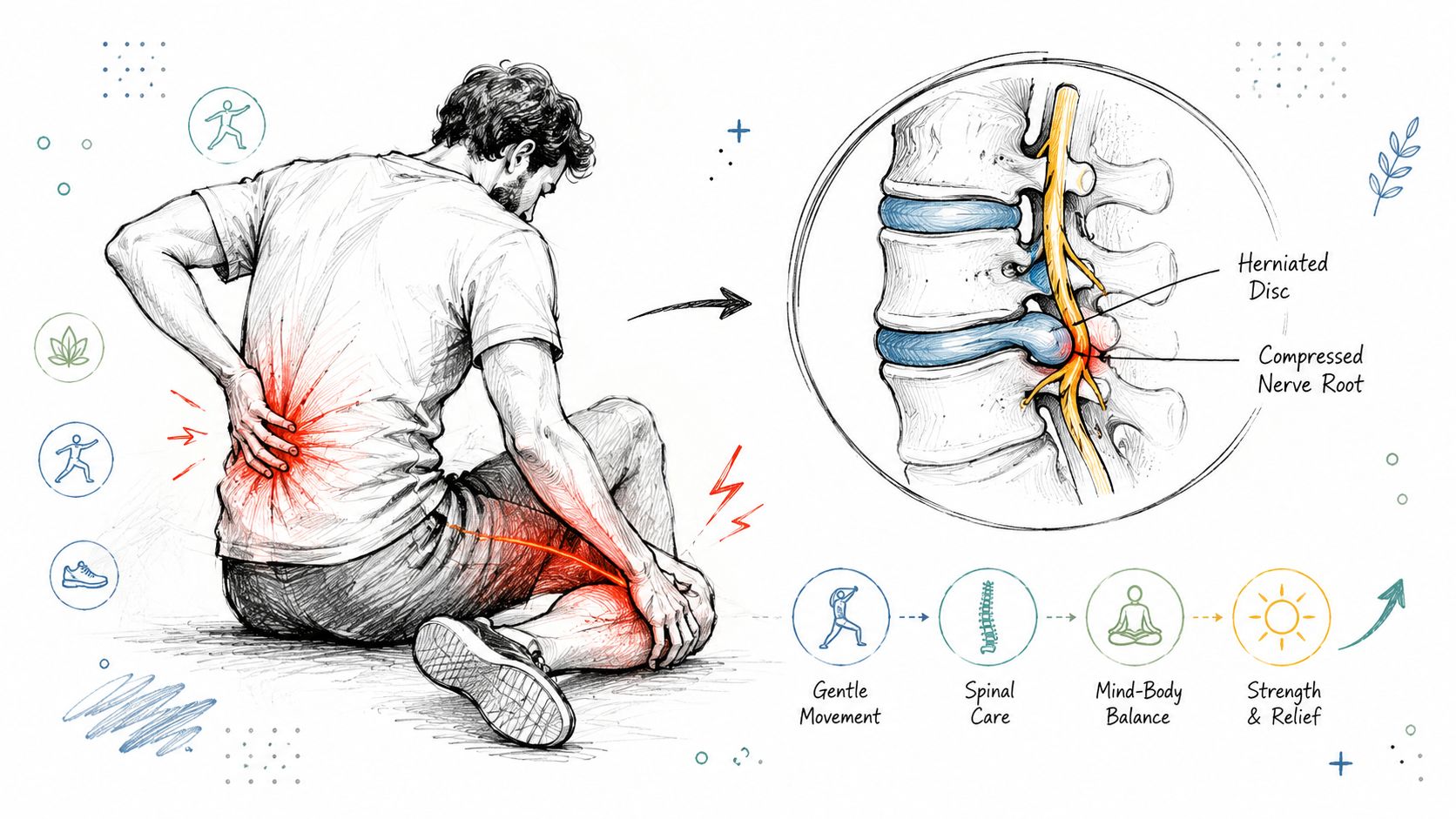 A diagram illustrating sciatica caused by a herniated disc and showing recovery through gentle movement and care.