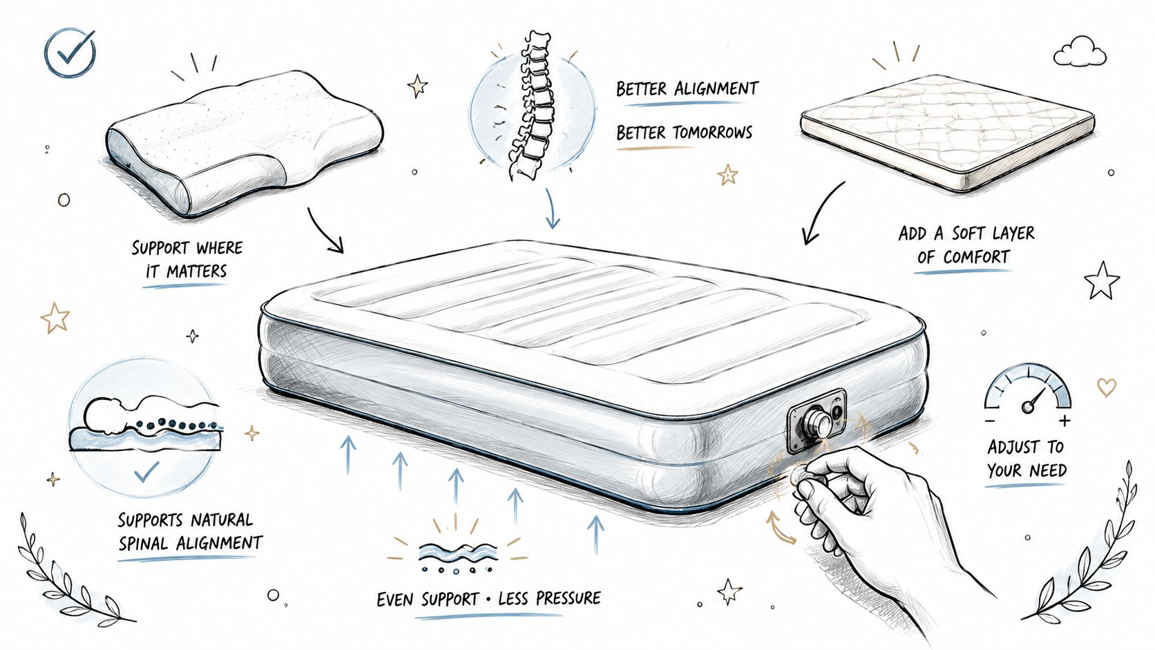A hand adjusts the firmness dial on an inflatable air mattress, illustrating features for support and comfort.
