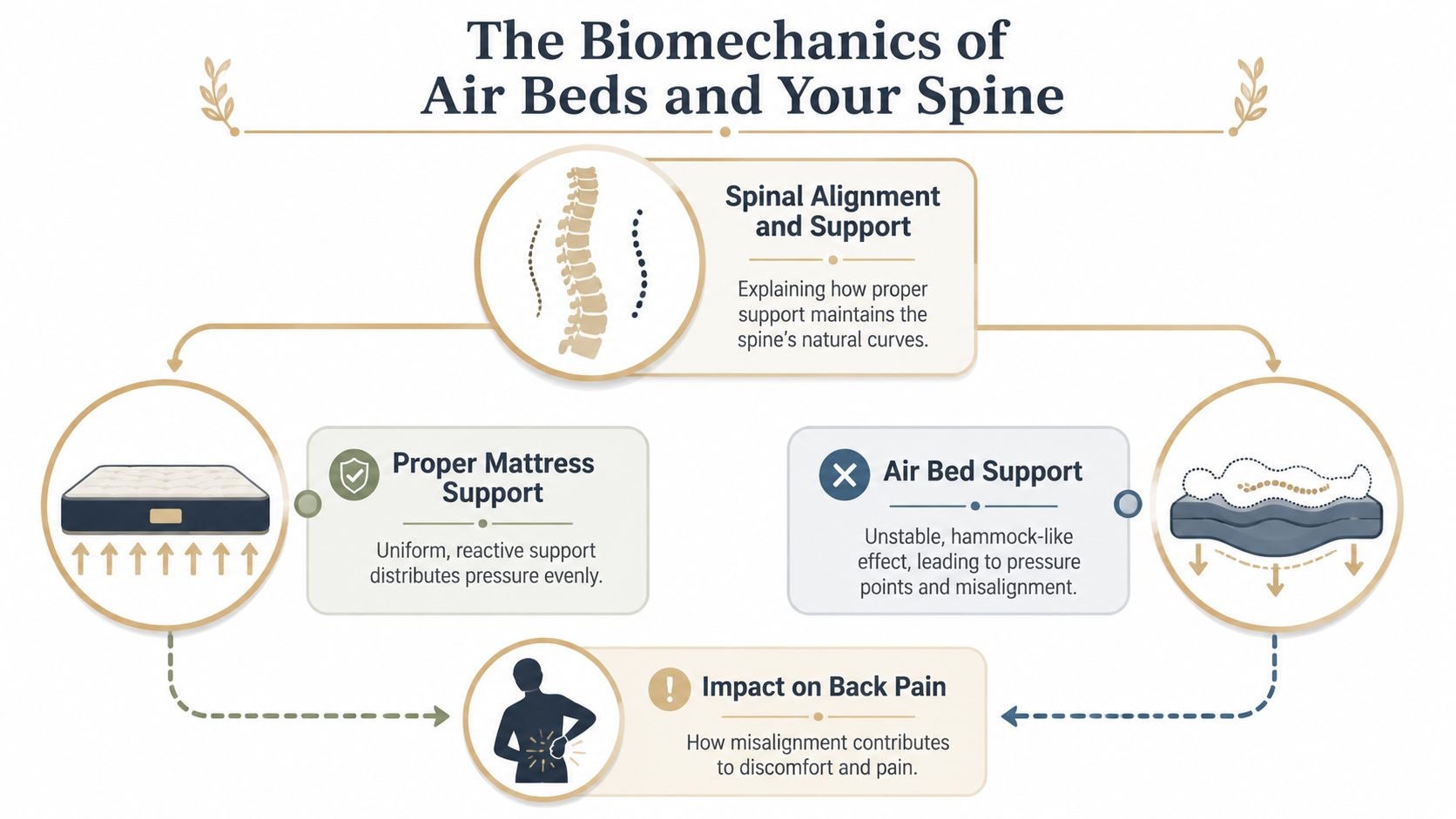 An infographic comparing proper mattress support to the negative impact of air beds on spinal alignment.