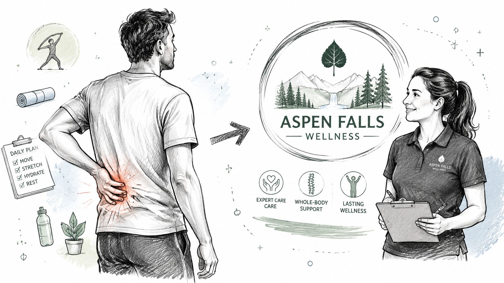 A man with back pain seeking professional advice at Aspen Falls Wellness clinic for holistic health support.