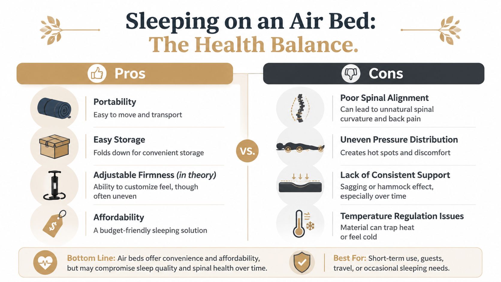 A comparative infographic illustrating the pros and cons of sleeping on an inflatable air bed.
