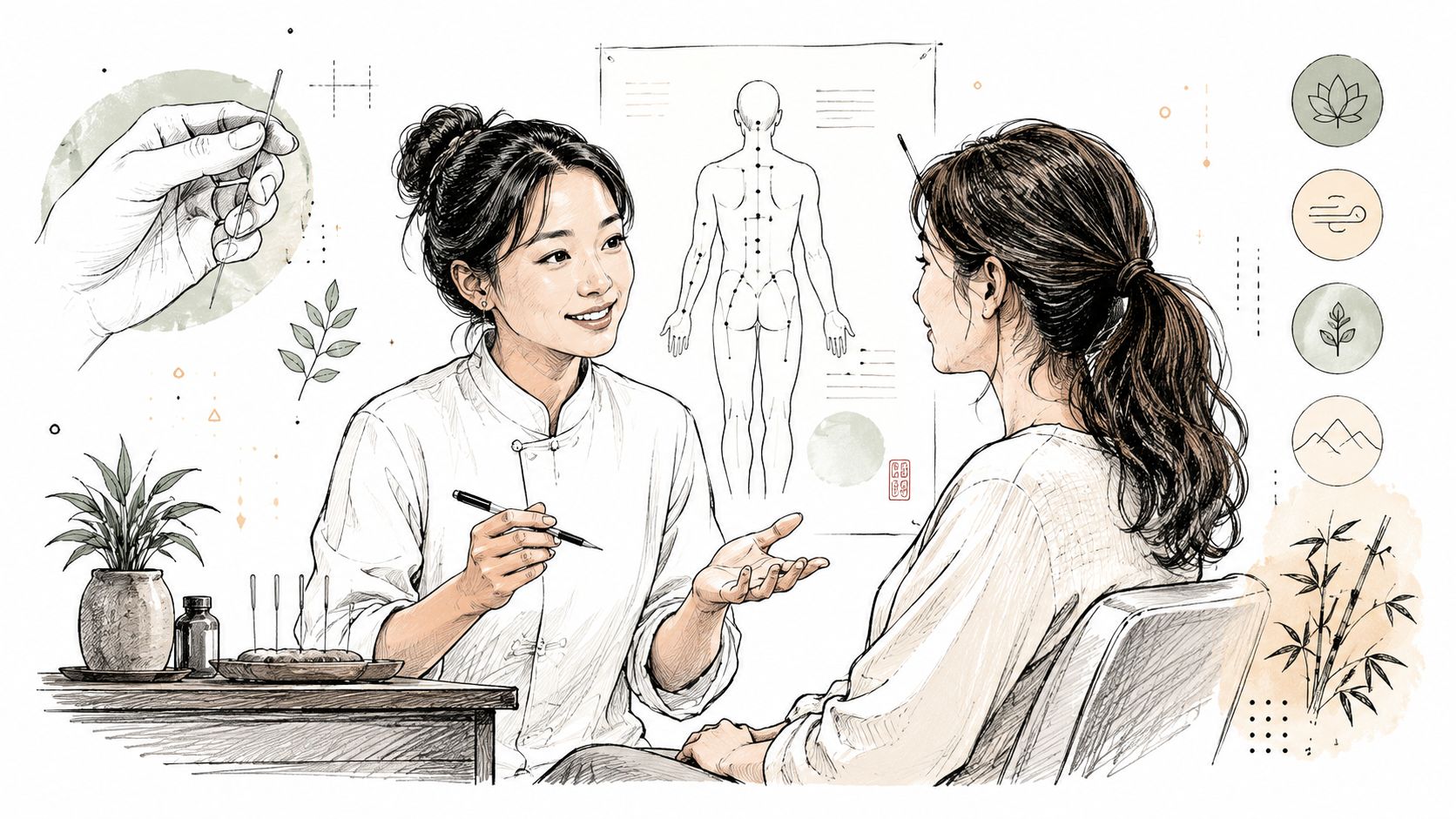 A practitioner consults with a patient in an acupuncture clinic, surrounded by traditional medicine illustrations and symbols.