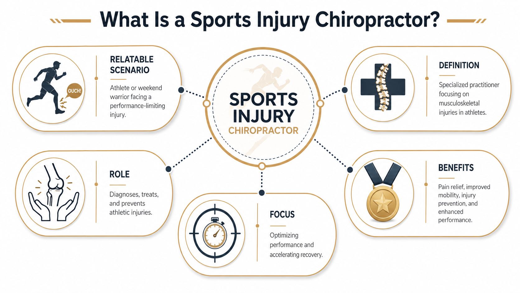 An infographic titled What Is a Sports Injury Chiropractor illustrating key concepts of sports chiropractic care and benefits.