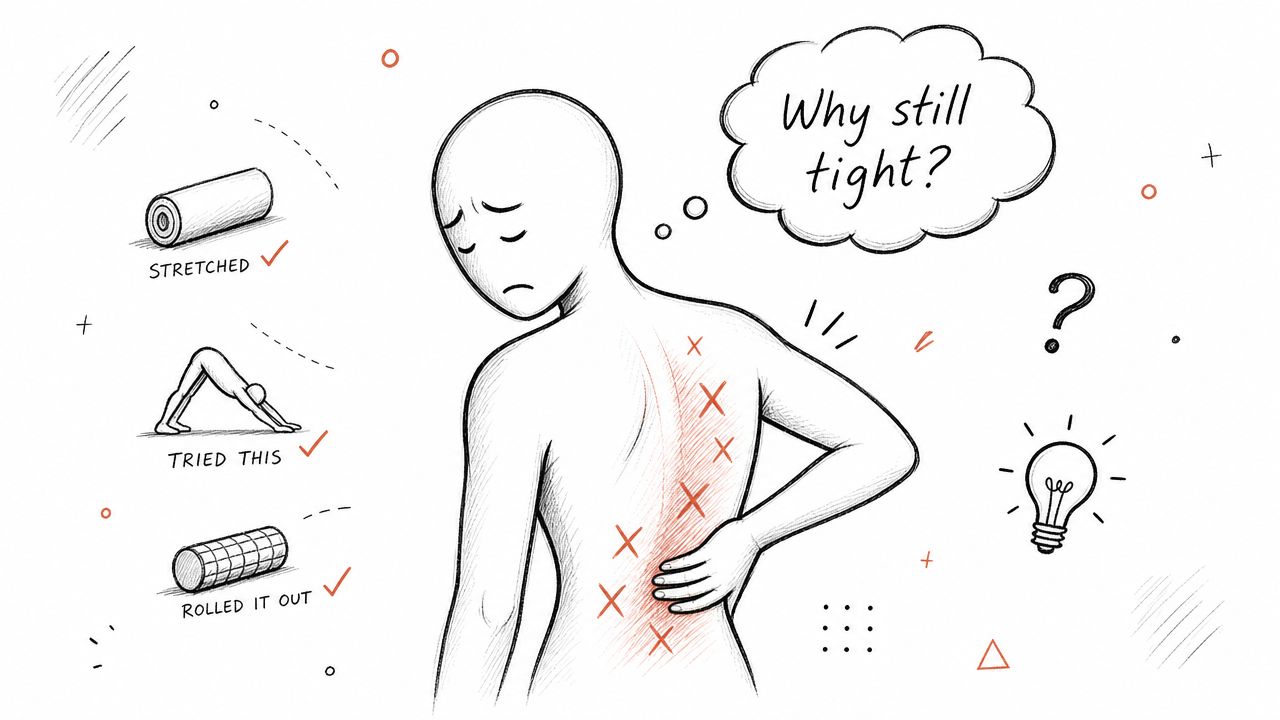 A person feeling frustrated with persistent back tightness despite stretching, yoga, and using a foam roller.