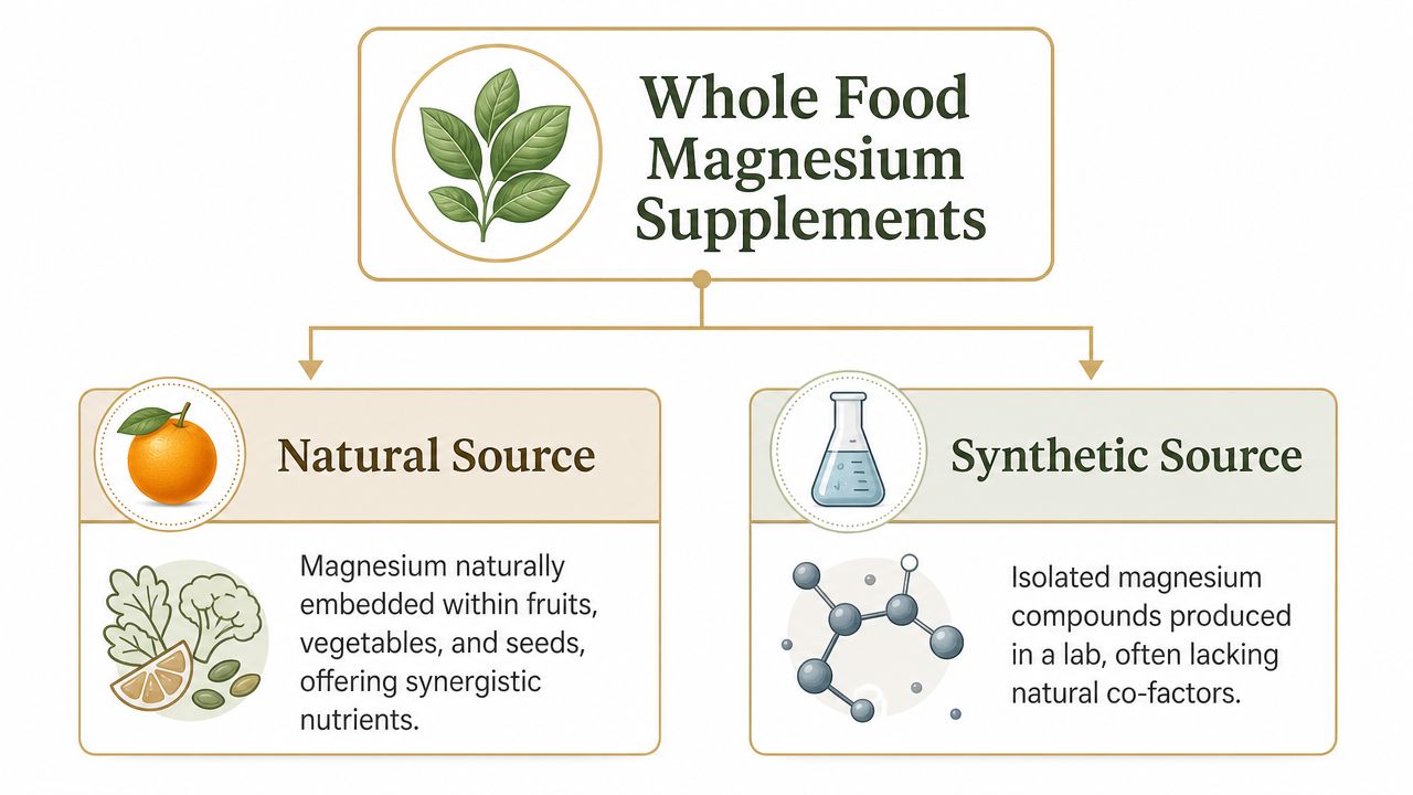 A diagram comparing natural sources of magnesium from food and synthetic magnesium supplements produced in a lab.