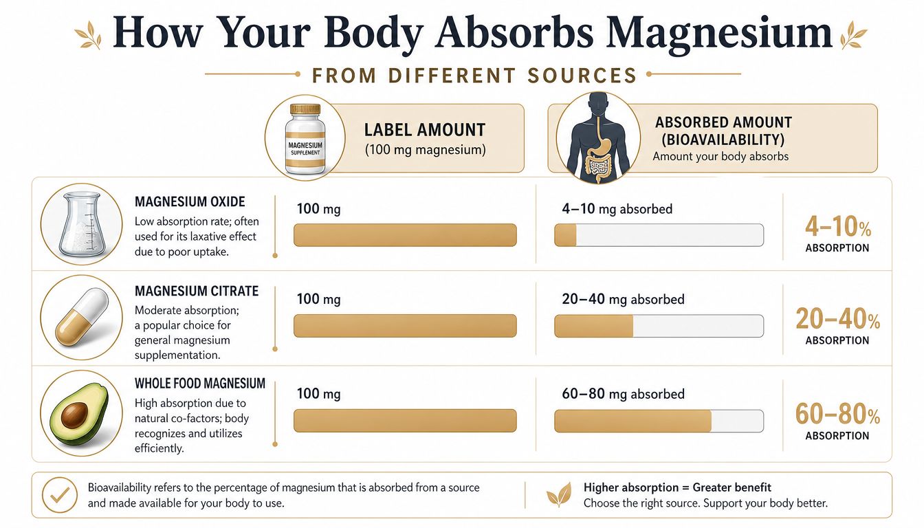 A chart showing the absorption bioavailability of magnesium from oxide, citrate, and whole food sources.