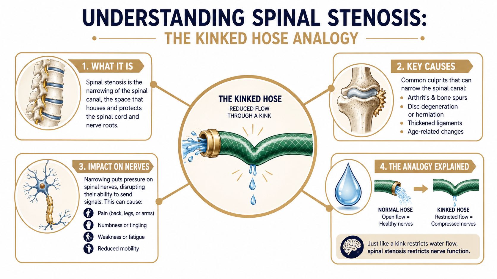 A medical infographic using a kinked garden hose to illustrate how spinal stenosis narrows the spinal canal.