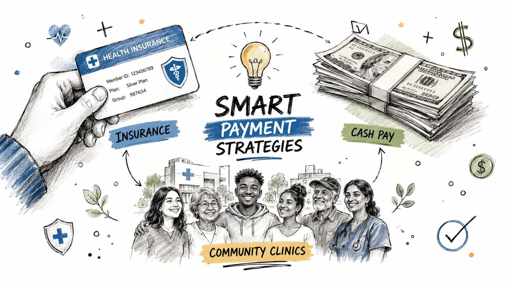 A hand holding an insurance card next to cash, illustrating payment strategies for community health clinics.