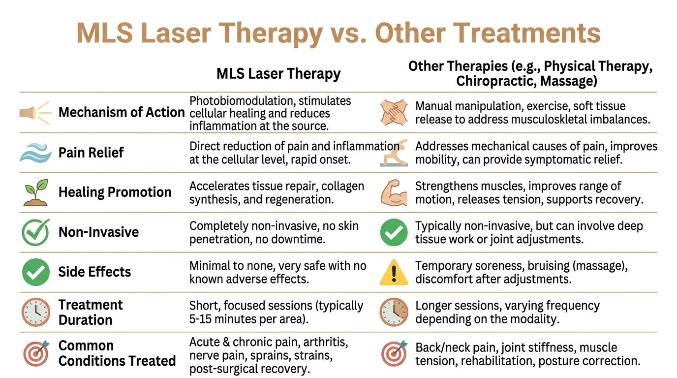 A comparative table outlining the differences between MLS laser therapy and traditional physical therapies for pain relief.
