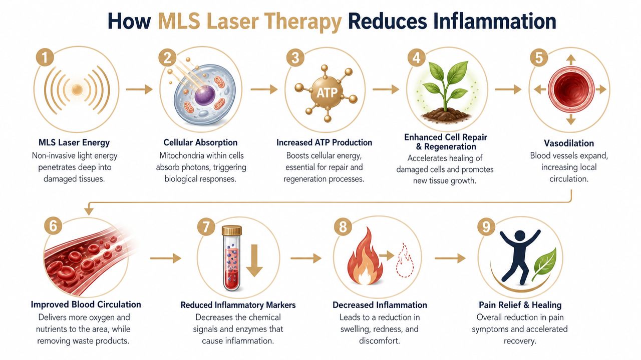 A diagram illustrating the nine steps of how MLS laser therapy reduces inflammation in human body tissues.