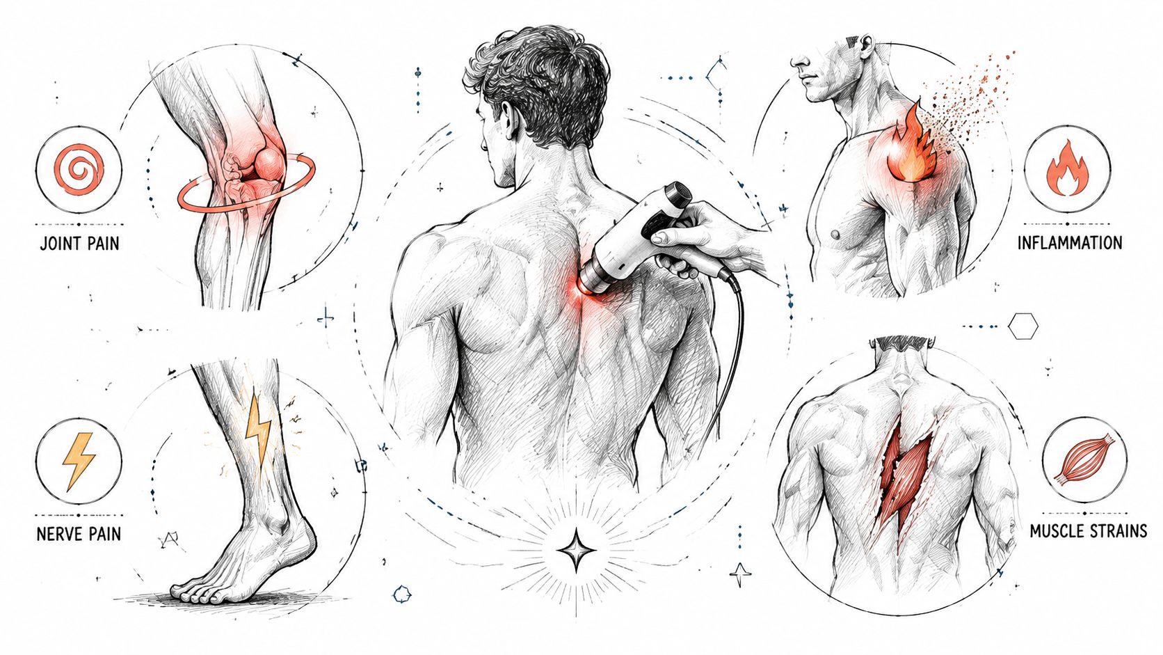 An illustration showing therapeutic laser treatment applied to a back with surrounding icons for common pain conditions.