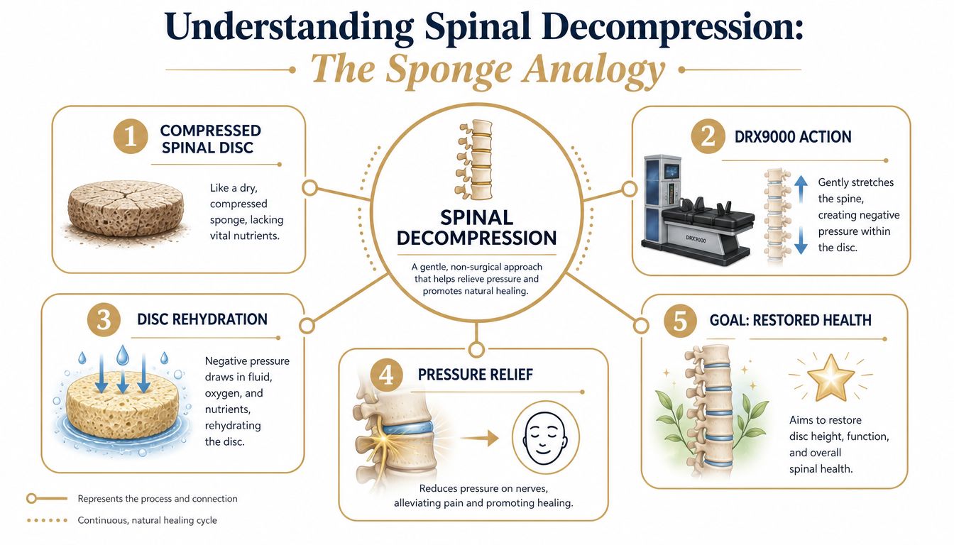 A diagram explaining spinal decompression therapy using a sponge analogy to illustrate disc hydration and healing.