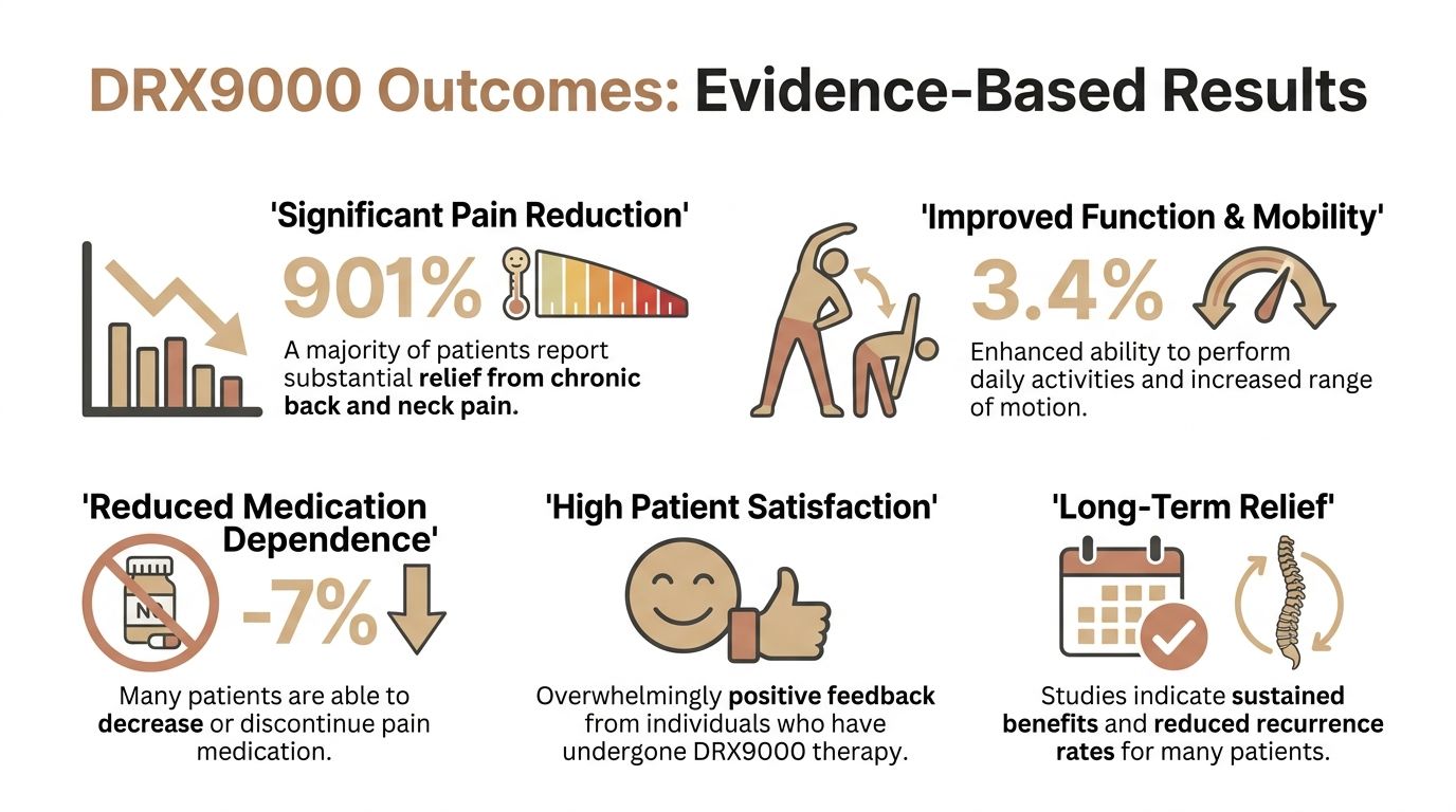 An infographic showing positive evidence-based clinical outcomes for patients receiving DRX9000 spinal decompression therapy.