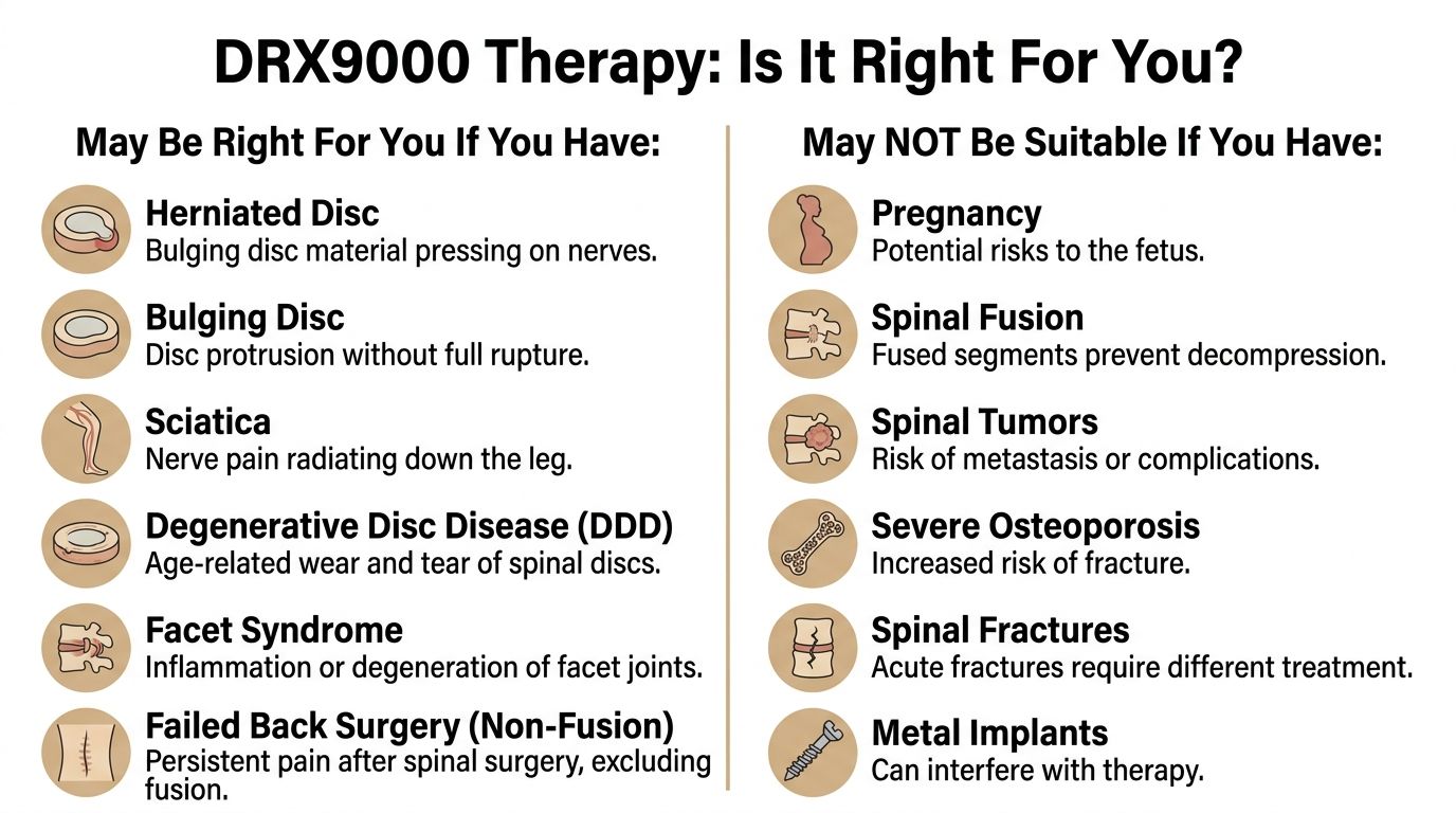 An infographic titled DRX9000 Therapy listing conditions that are suitable versus unsuitable for spinal decompression treatment.