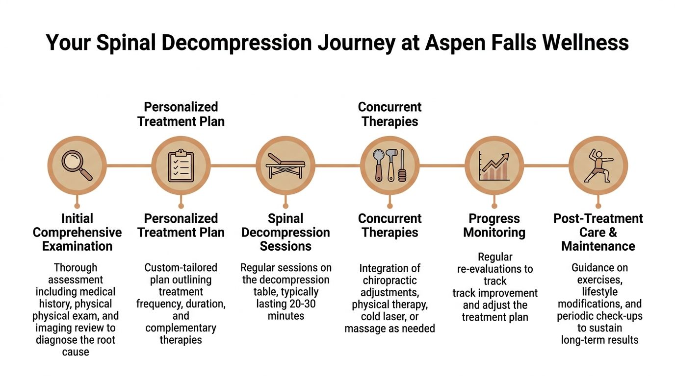 A diagram outlining the step-by-step spinal decompression treatment journey at Aspen Falls Wellness center.